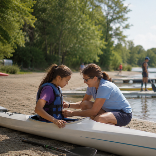 Volunteer helping an athlete into a boat